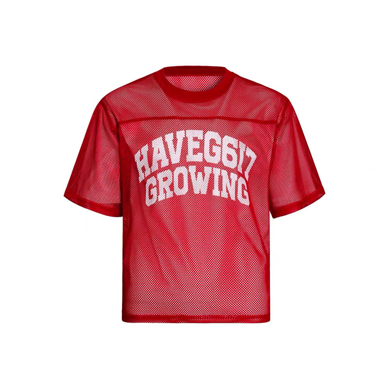 Red mesh jersey tee with white varsity-style HAVEG617 GROWING graphic and short sleeves