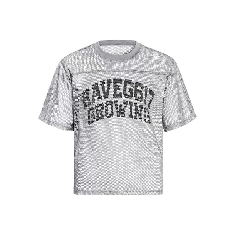 Gray mesh jersey tee with varsity-style Growing graphic and relaxed short sleeves, shown front view on white background