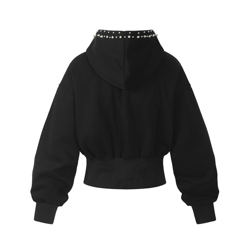 Black cropped hoodie back view with pearl-trimmed hood and ribbed hem