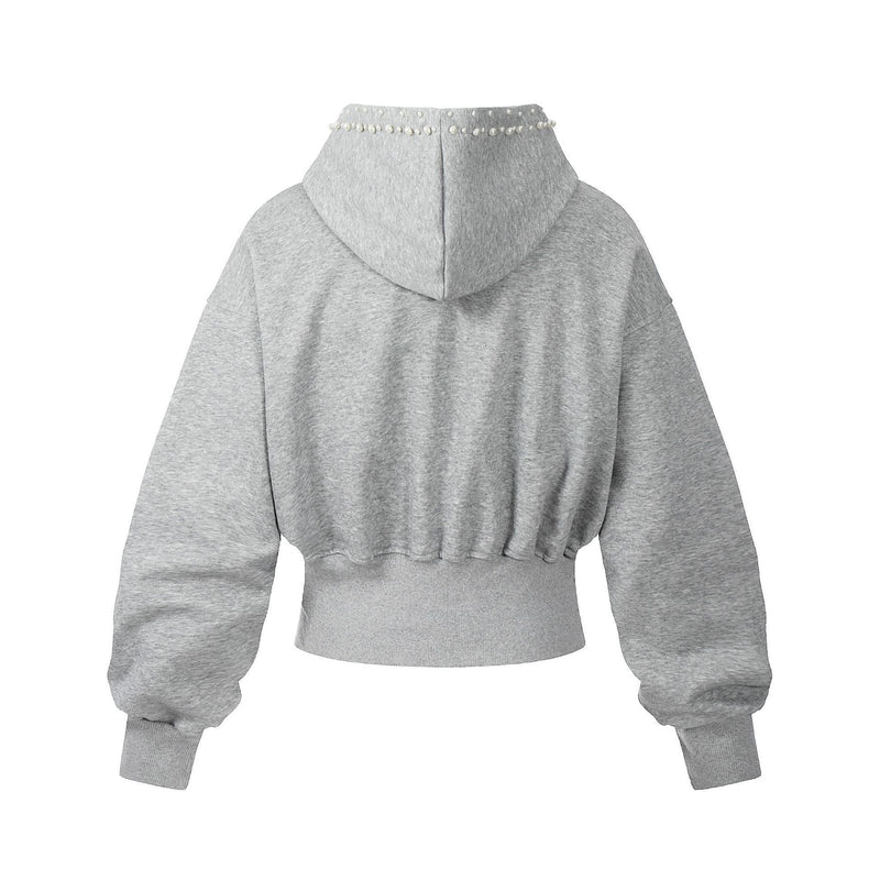 Light gray cropped hoodie back view with pearl-trimmed hood and ribbed hem