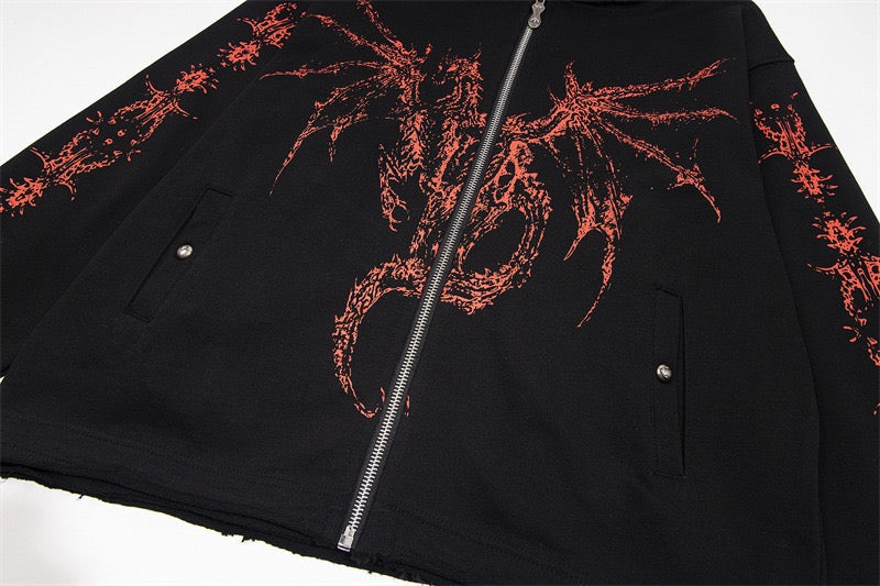 Omirad Gothic Dragon Graphic Zip-Up Hoodie | Dark Streetwear
