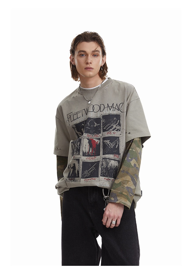 Front view of a distressed gray Fleetwood Mac graphic tee with camo long sleeves