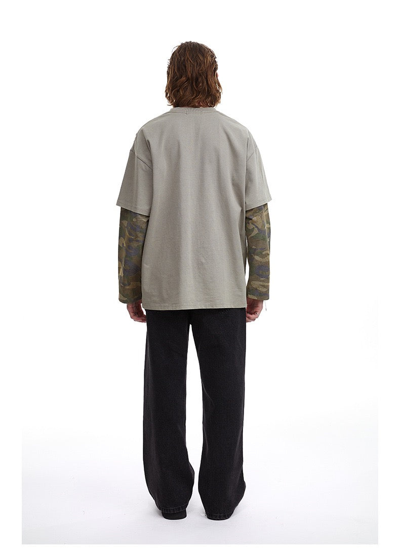 Omirad Layered Camo-Sleeve Distressed Band Graphic Tee