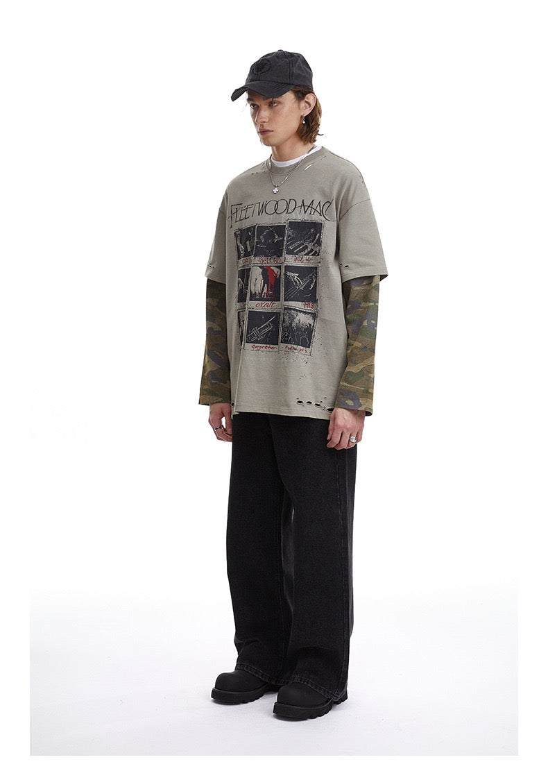 Omirad Layered Camo-Sleeve Distressed Band Graphic Tee