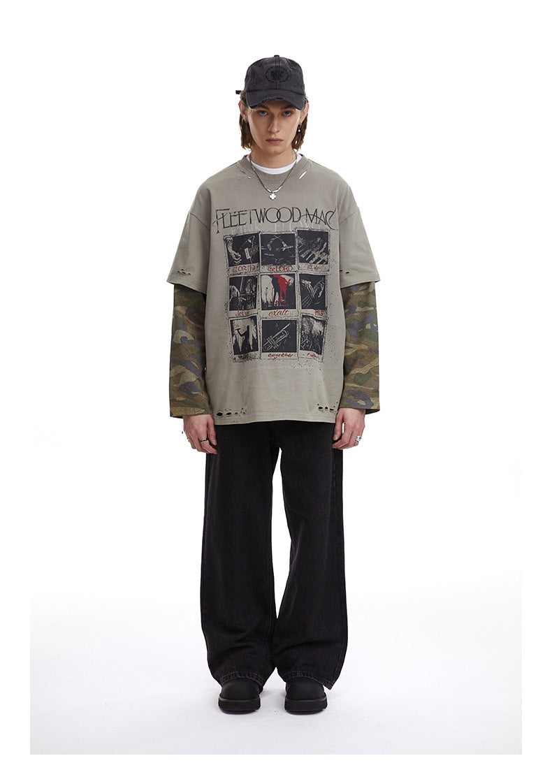 Omirad Layered Camo-Sleeve Distressed Band Graphic Tee