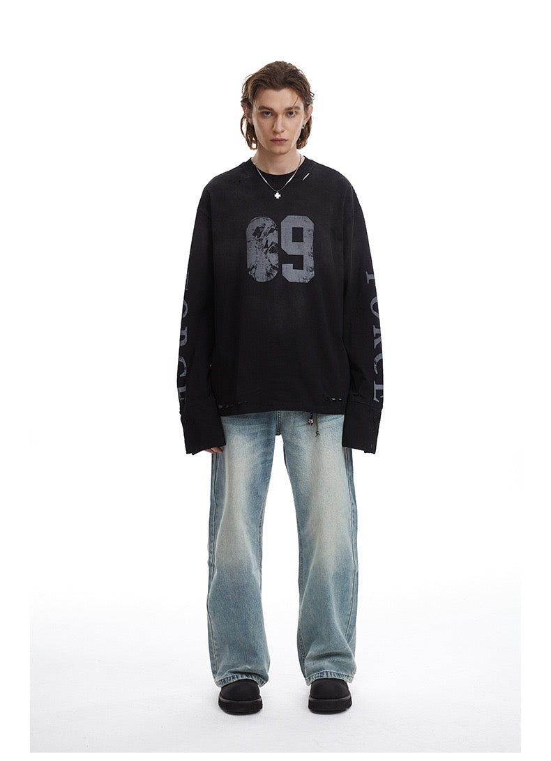 Distressed Number Graphic Long-Sleeve Tee | Streetwear