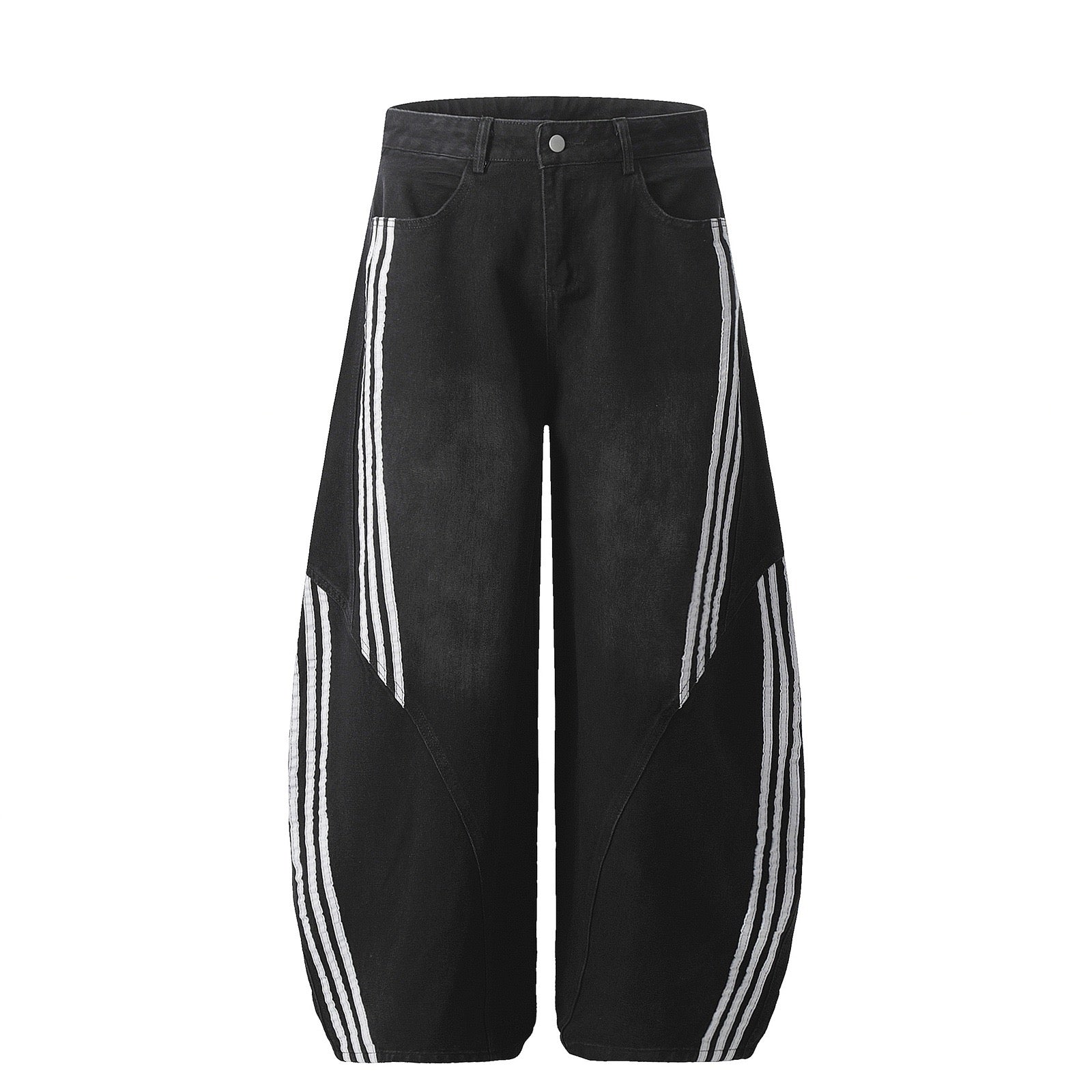 Omirad wide-leg curved panel jeans in washed black denim with white three-stripe appliqué panels, front view