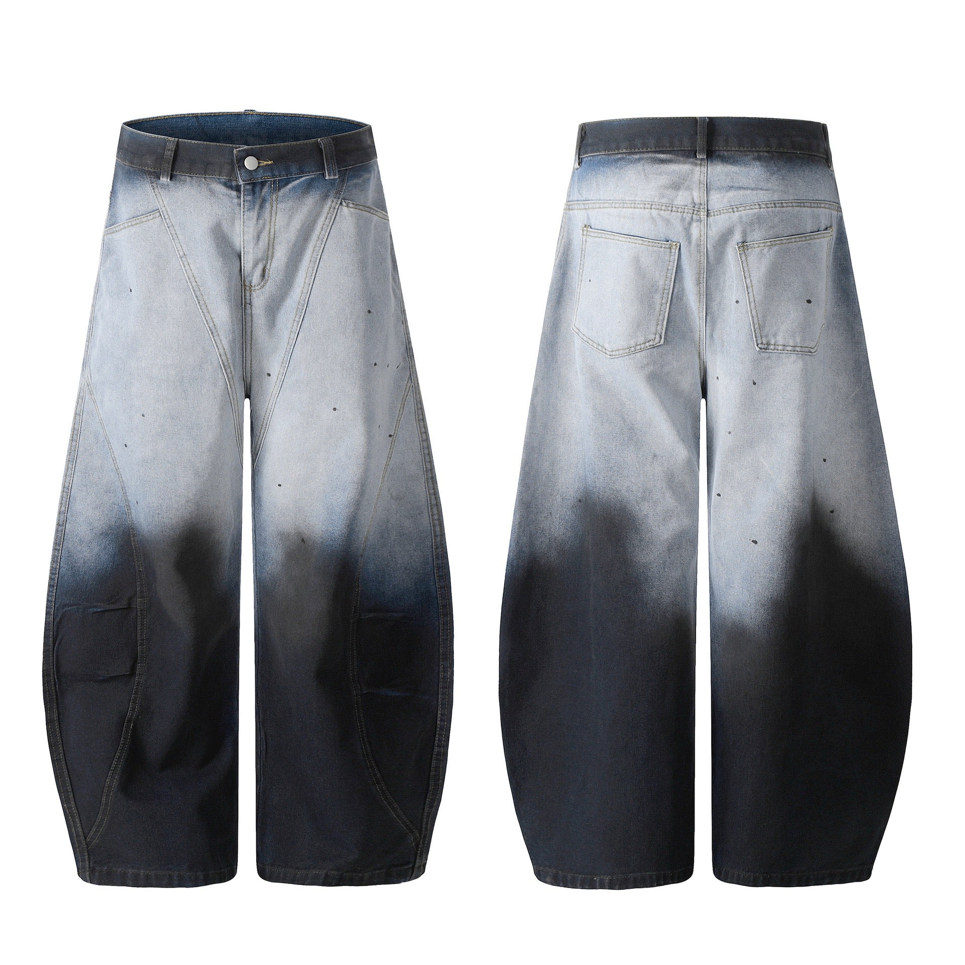 Front and back view of wide-leg gradient wash denim pants fading from light blue to deep charcoal black