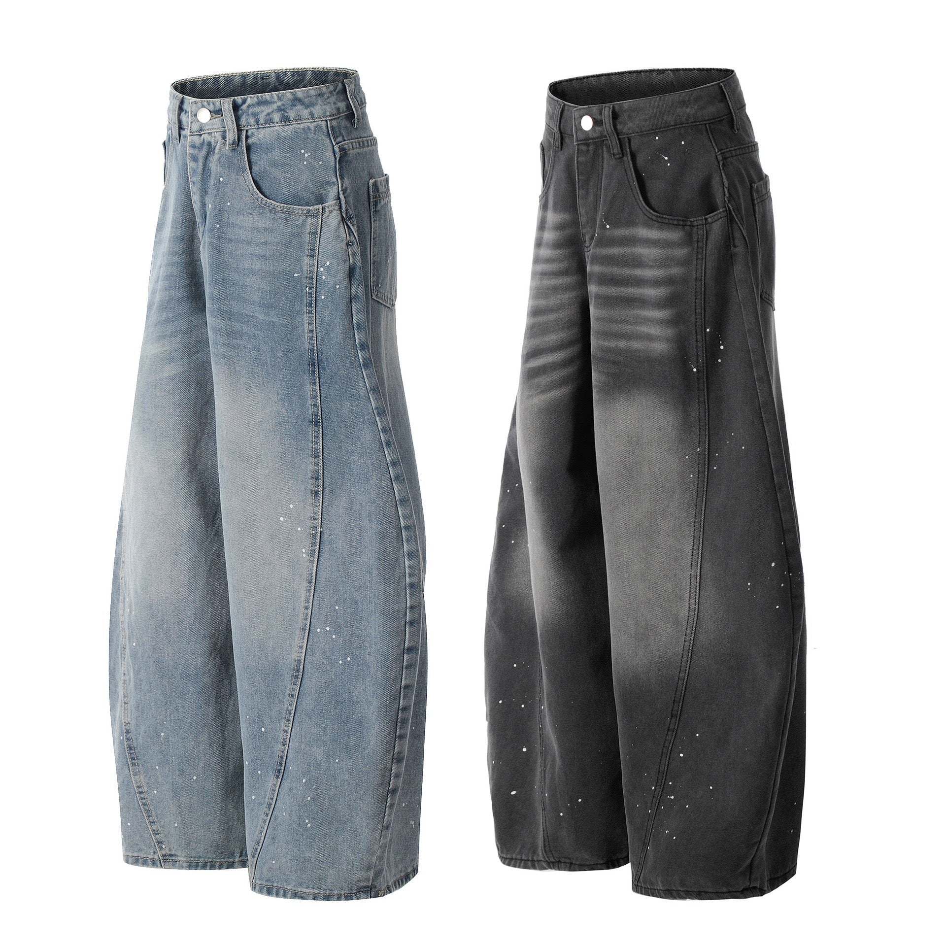 Paint-Splatter Curved Wide-Leg Jeans | Balloon Denim