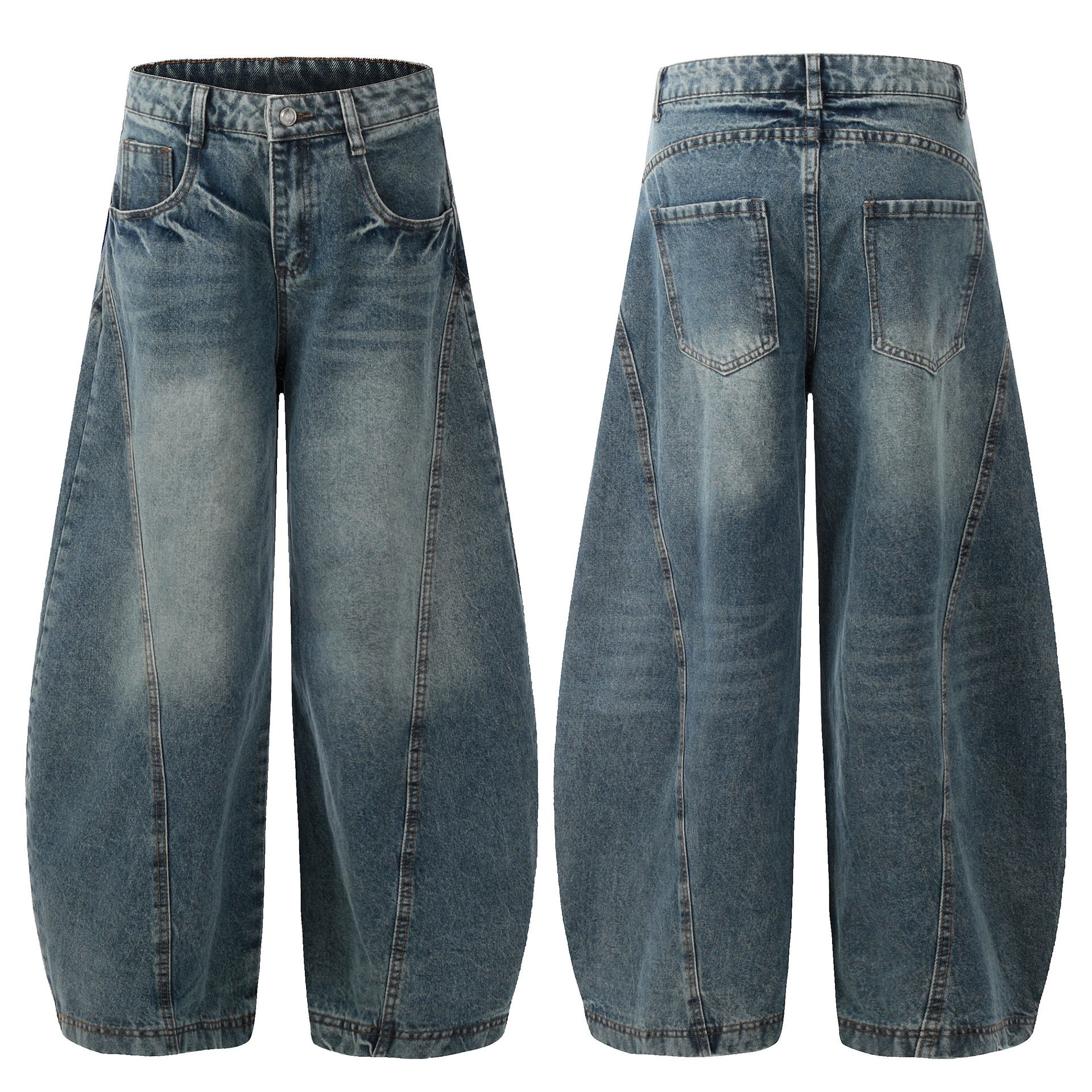 Front and back view of vintage washed wide-leg balloon denim jeans in medium blue with panel seam detailing