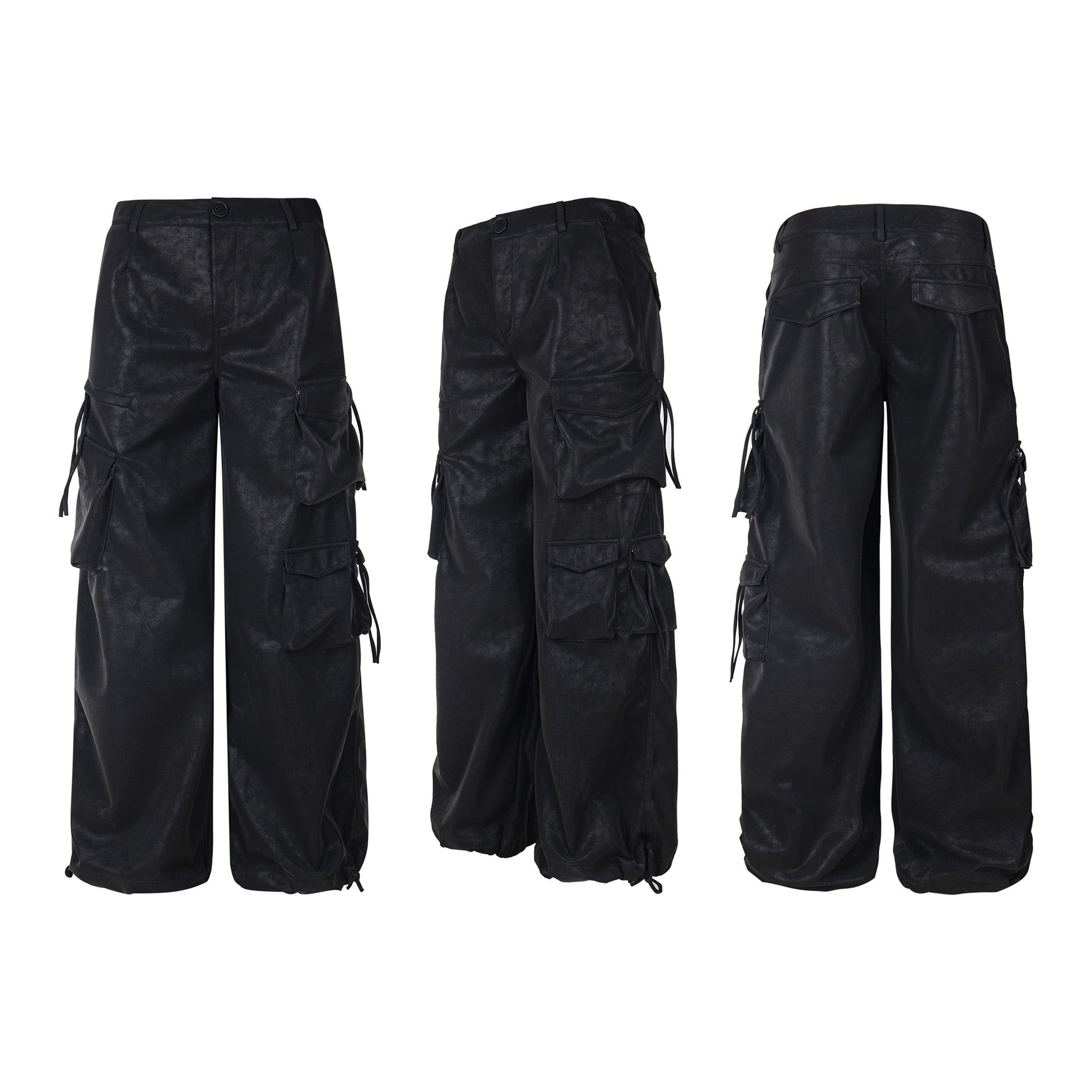 Wide-Leg PU Leather Cargo Pants | Multi-Pocket Streetwear