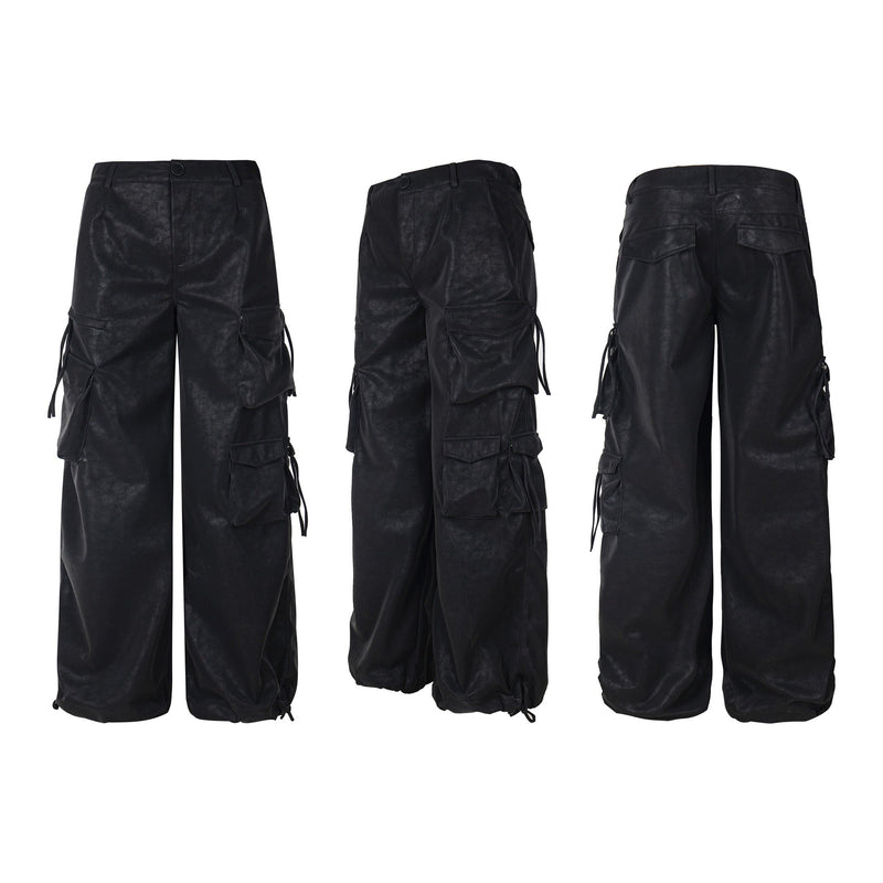 Wide-Leg PU Leather Cargo Pants | Multi-Pocket Streetwear