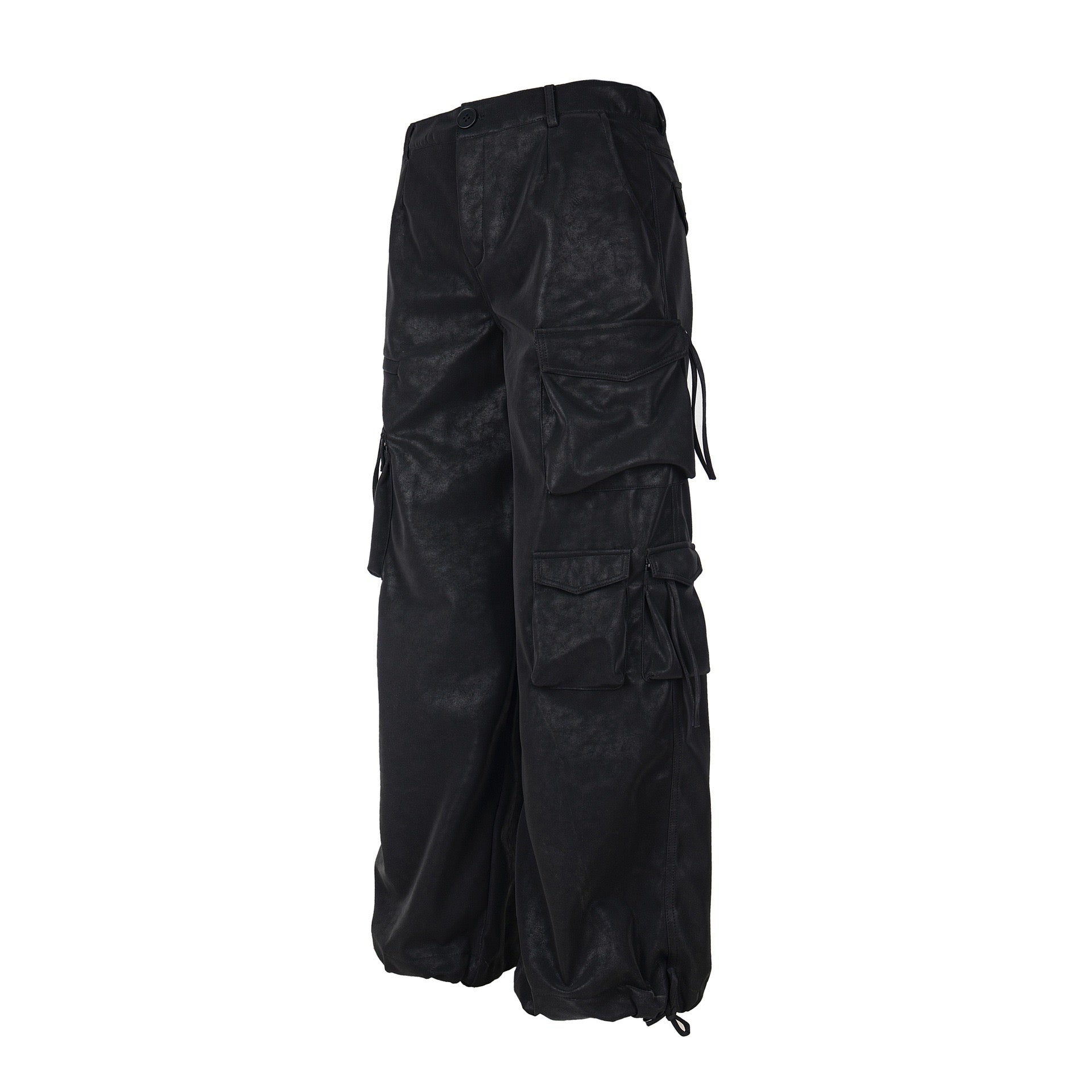 Wide-Leg PU Leather Cargo Pants | Multi-Pocket Streetwear