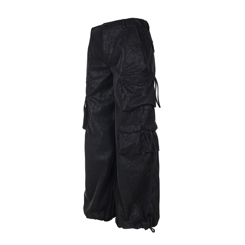 Wide-Leg PU Leather Cargo Pants | Multi-Pocket Streetwear
