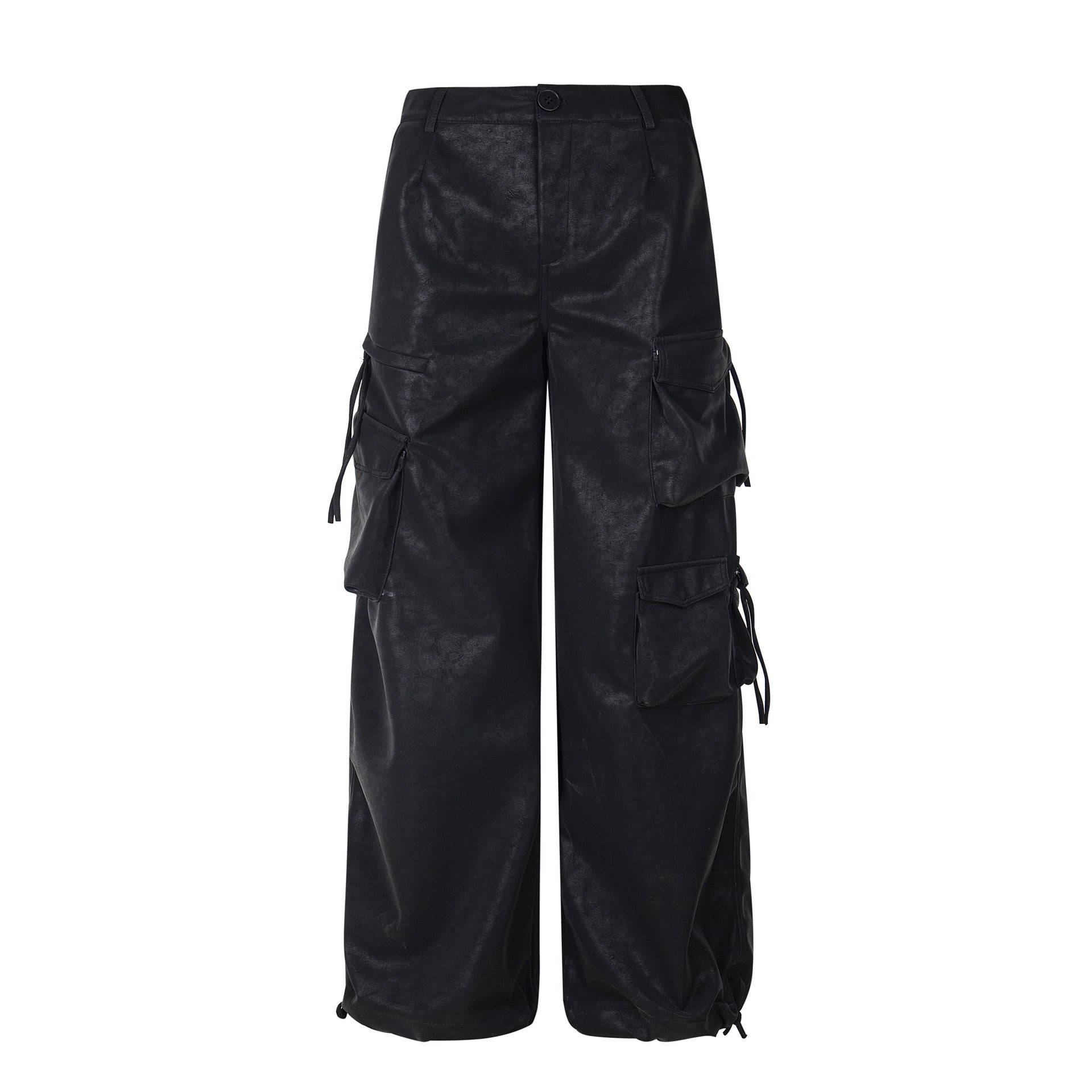 Wide-Leg PU Leather Cargo Pants | Multi-Pocket Streetwear