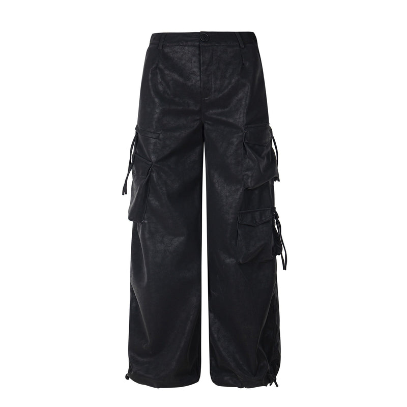 Wide-Leg PU Leather Cargo Pants | Multi-Pocket Streetwear