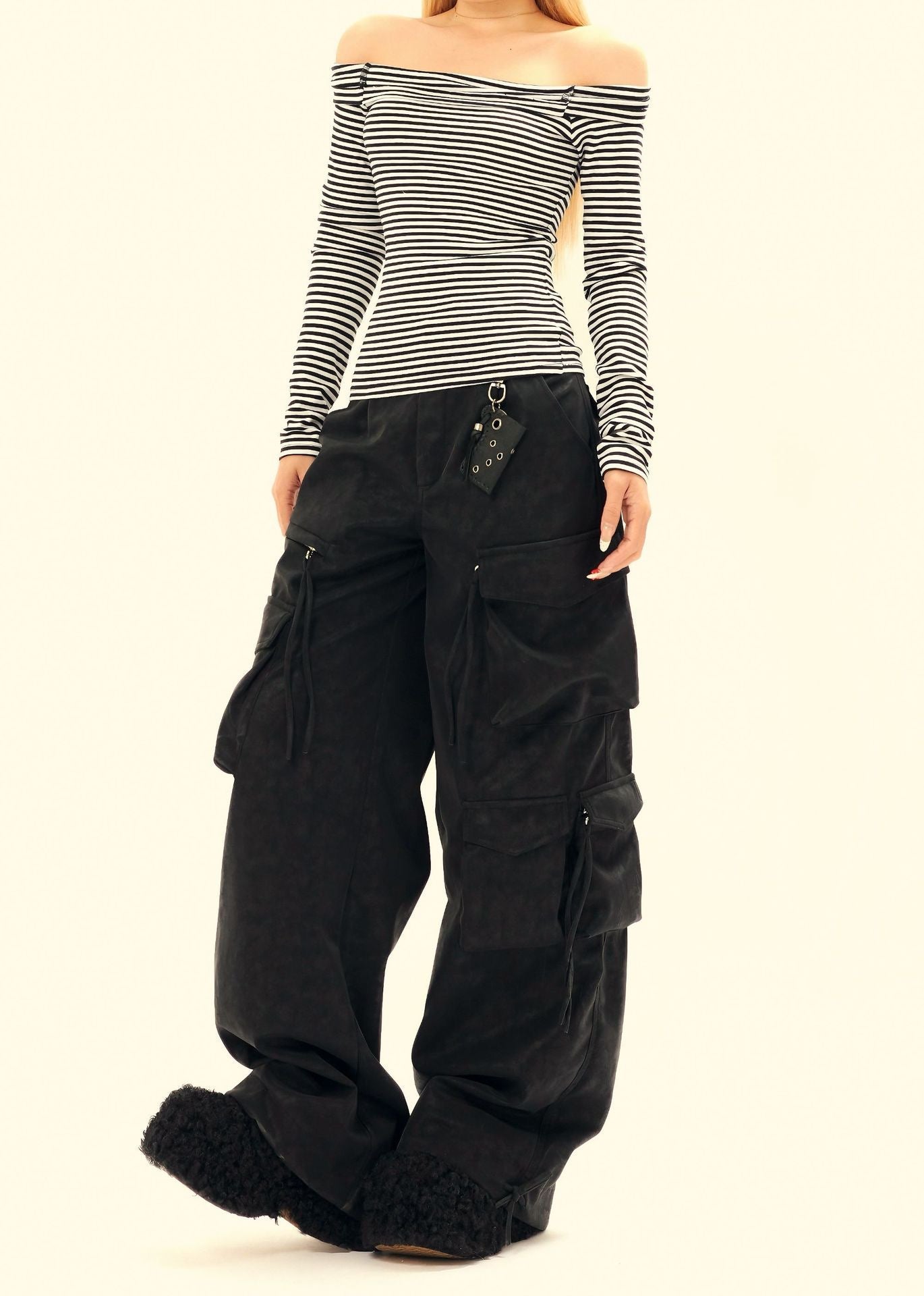 Wide-Leg PU Leather Cargo Pants | Multi-Pocket Streetwear