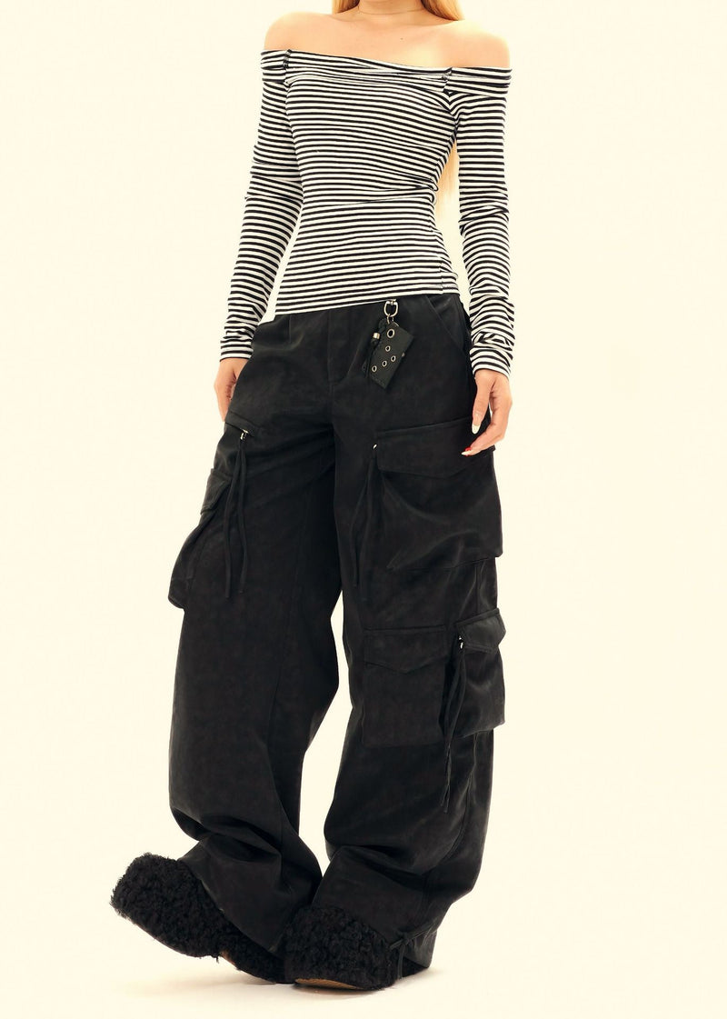 Wide-Leg PU Leather Cargo Pants | Multi-Pocket Streetwear
