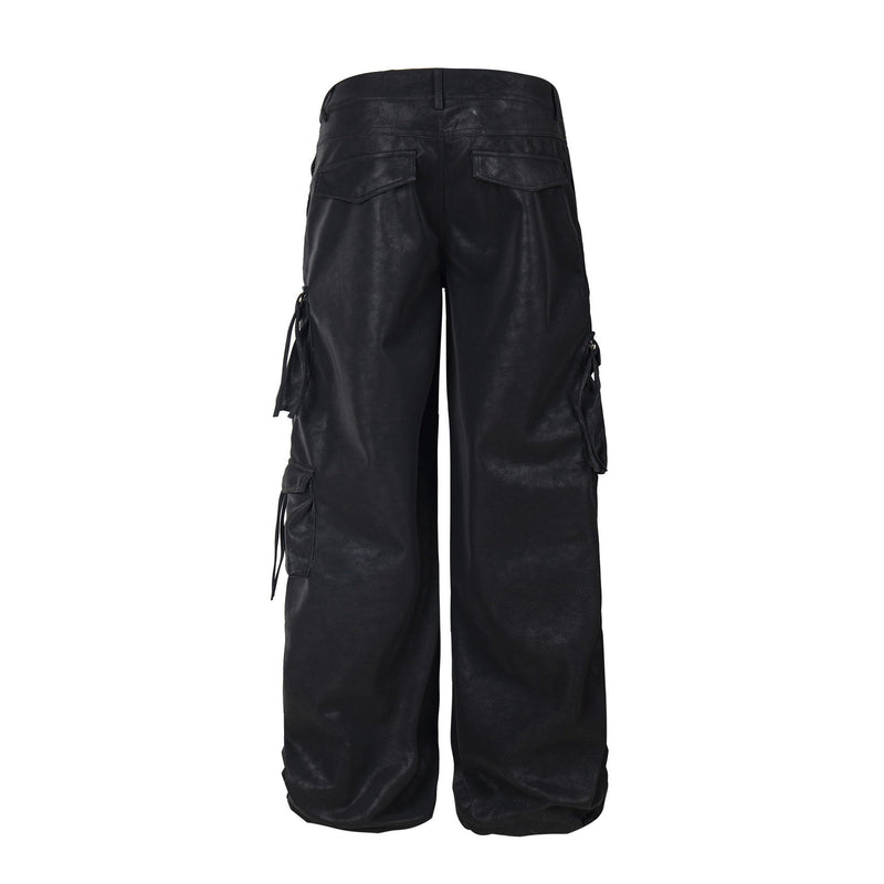 Wide-Leg PU Leather Cargo Pants | Multi-Pocket Streetwear