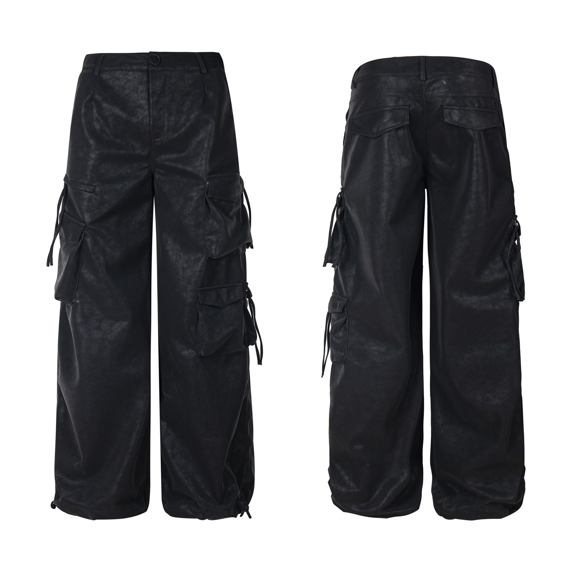 Black wide-leg PU leather cargo pants with multi-pocket detailing and adjustable straps, shown front and back