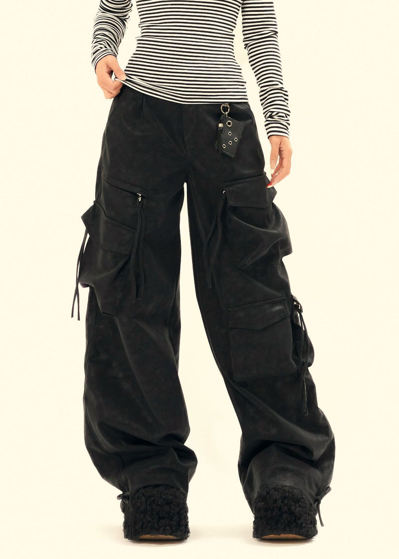 Wide-Leg PU Leather Cargo Pants | Multi-Pocket Streetwear