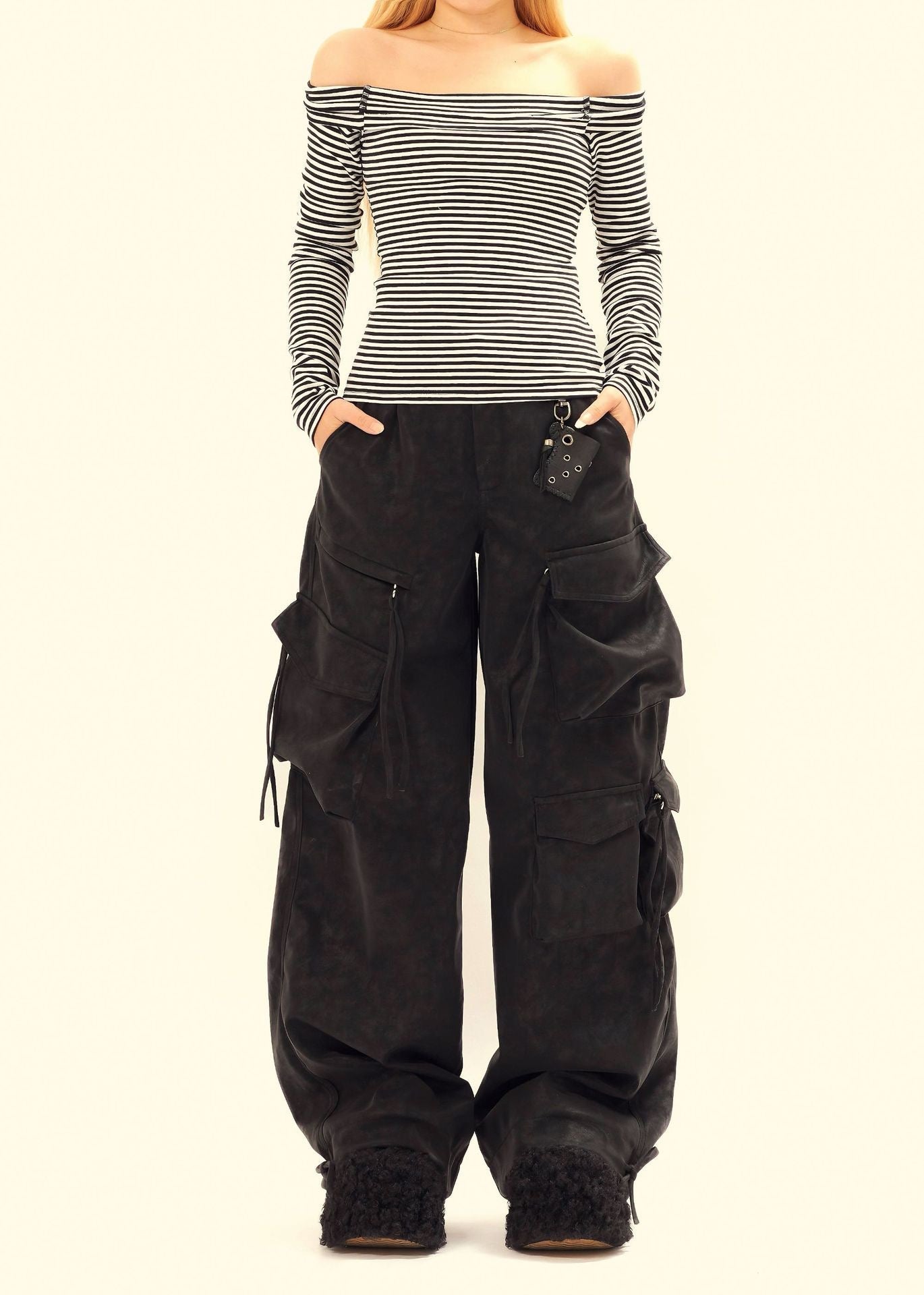 Wide-Leg PU Leather Cargo Pants | Multi-Pocket Streetwear