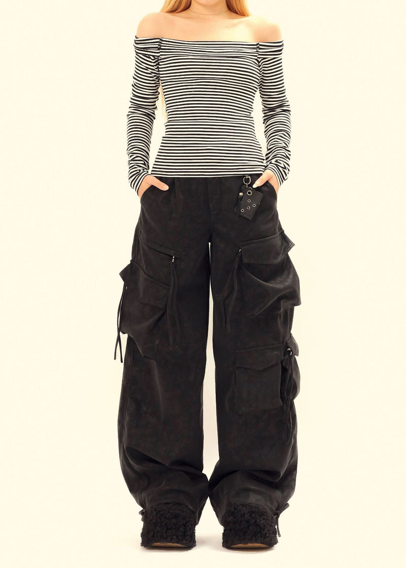 Wide-Leg PU Leather Cargo Pants | Multi-Pocket Streetwear