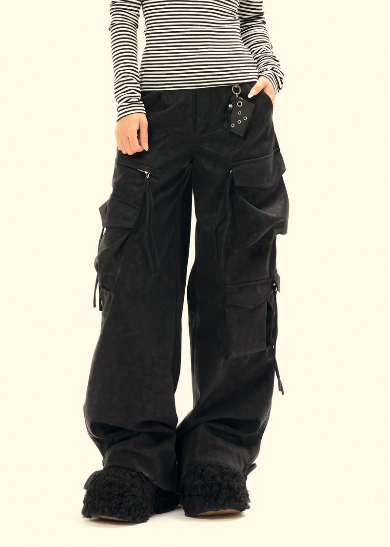 Wide-Leg PU Leather Cargo Pants | Multi-Pocket Streetwear