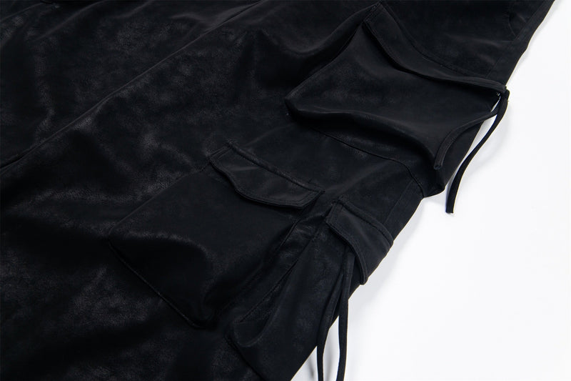 Wide-Leg PU Leather Cargo Pants | Multi-Pocket Streetwear
