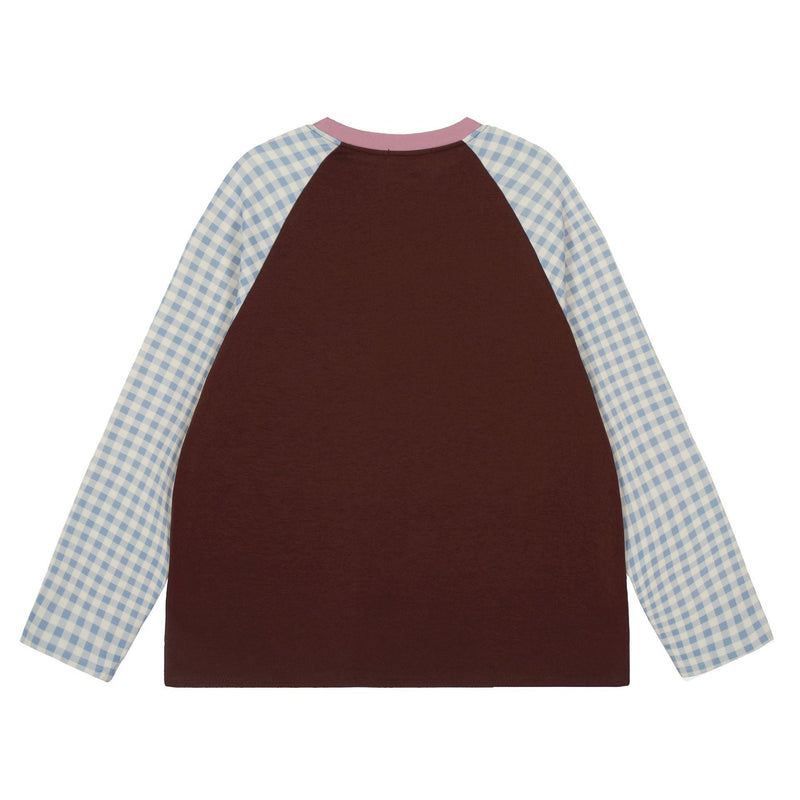 Back view of brown long-sleeve raglan tee with pink collar and blue gingham sleeves