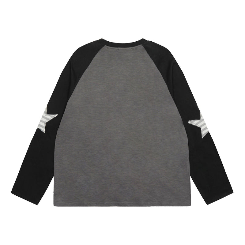 Back view of charcoal gray raglan long-sleeve tee with black sleeves and striped elbow detail