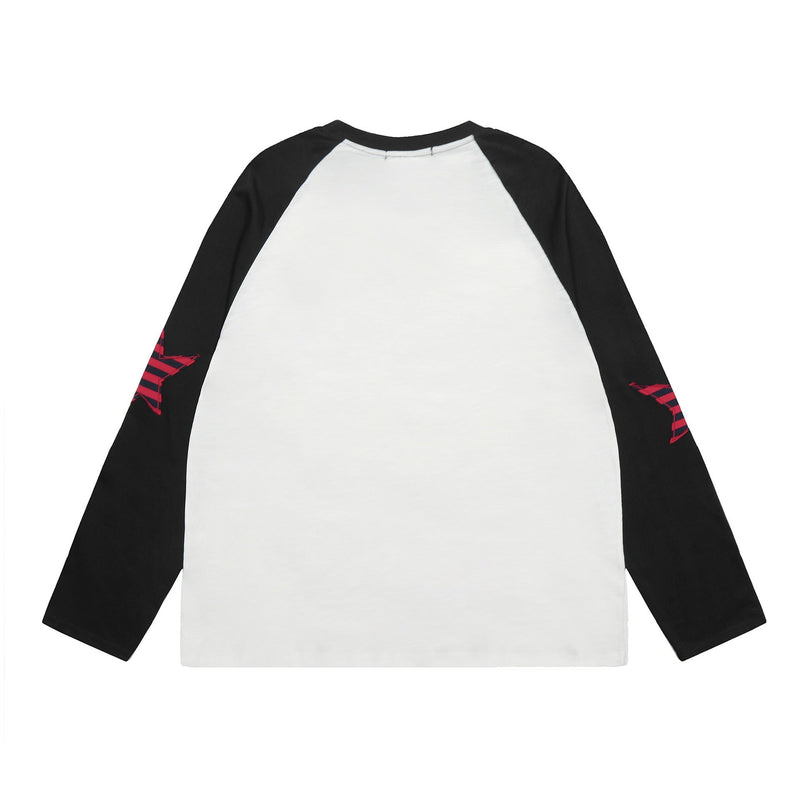 Back view of white raglan long-sleeve tee with black sleeves and red striped elbow detail