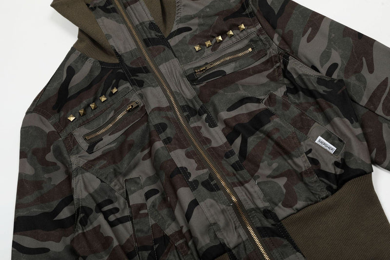 Studded Cropped Bomber Jacket | Camo & Black