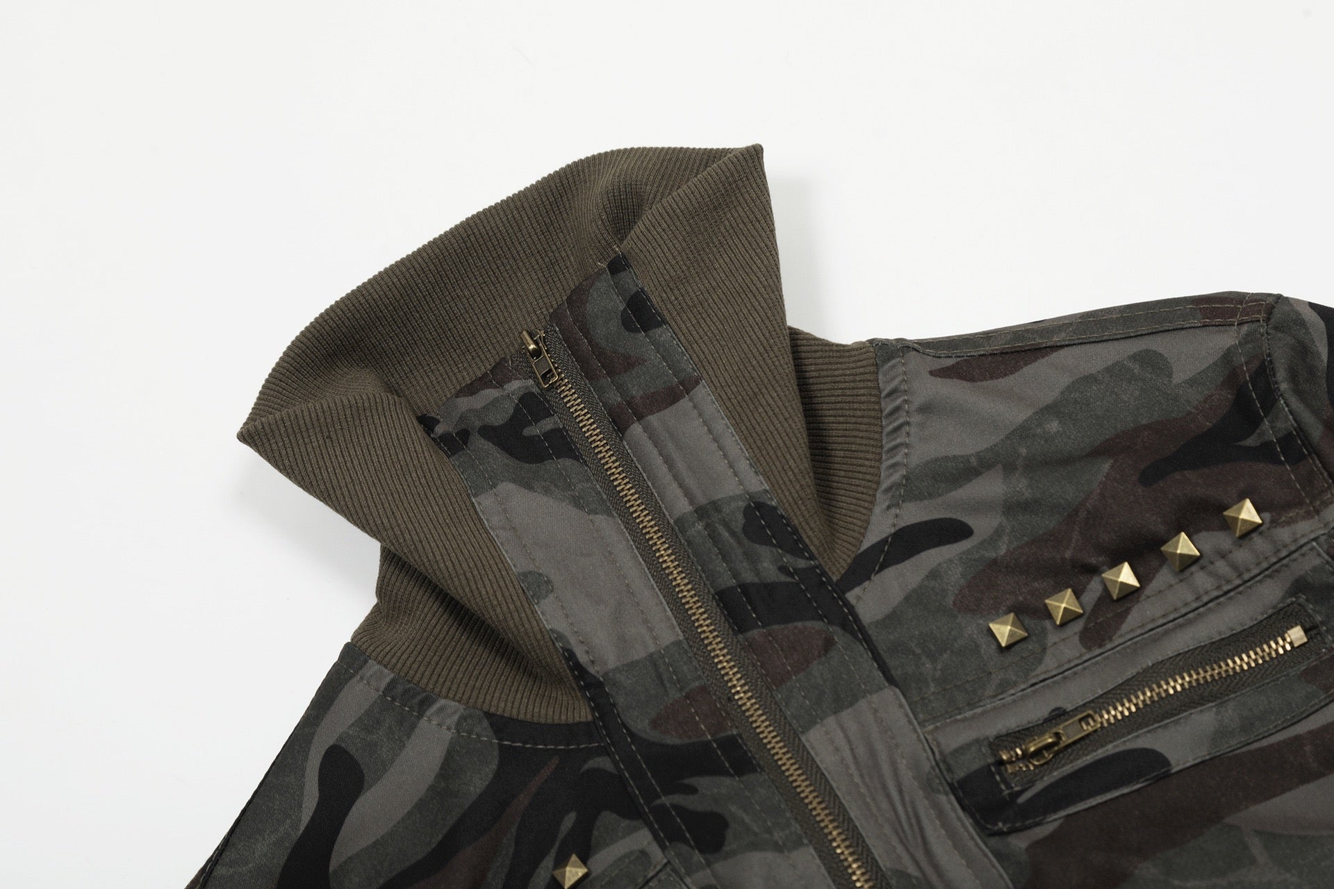 Studded Cropped Bomber Jacket | Camo & Black