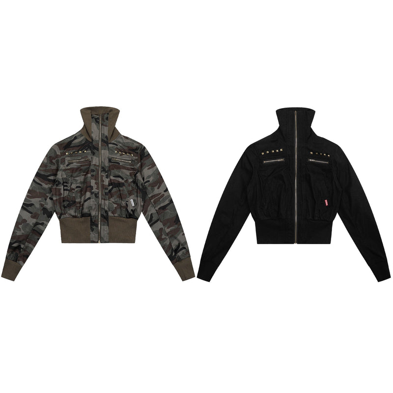 Studded Cropped Bomber Jacket | Camo & Black