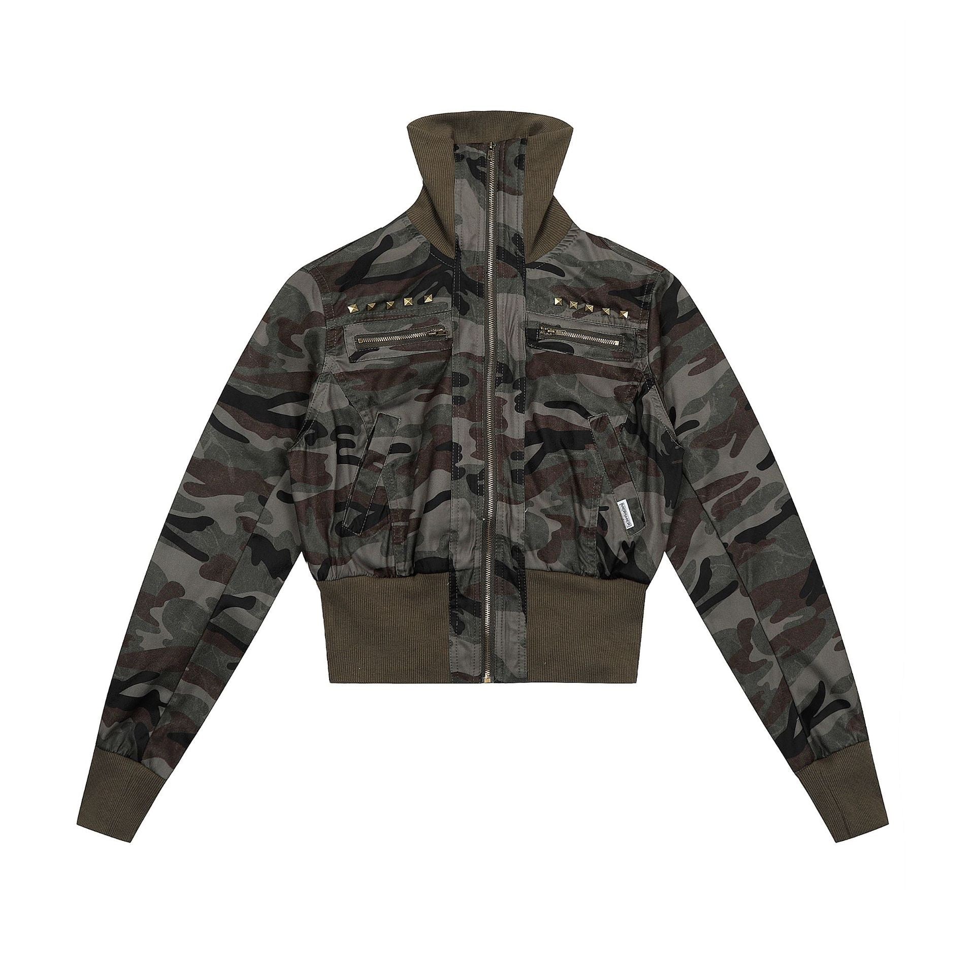 Studded Cropped Bomber Jacket | Camo & Black