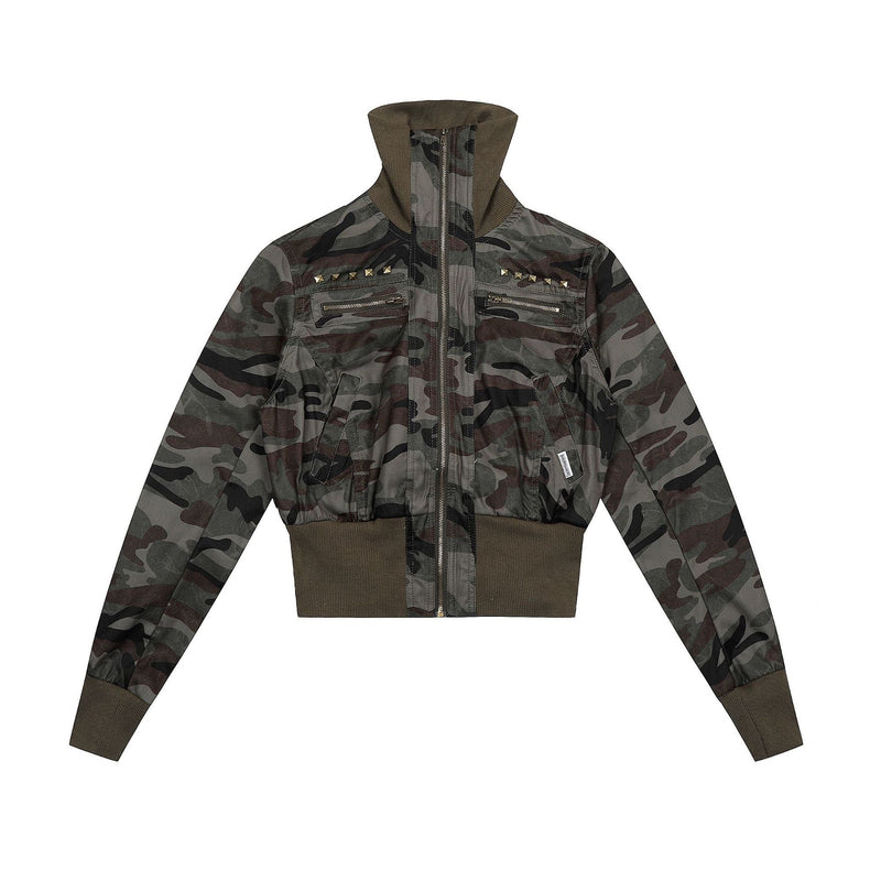 Studded Cropped Bomber Jacket | Camo & Black
