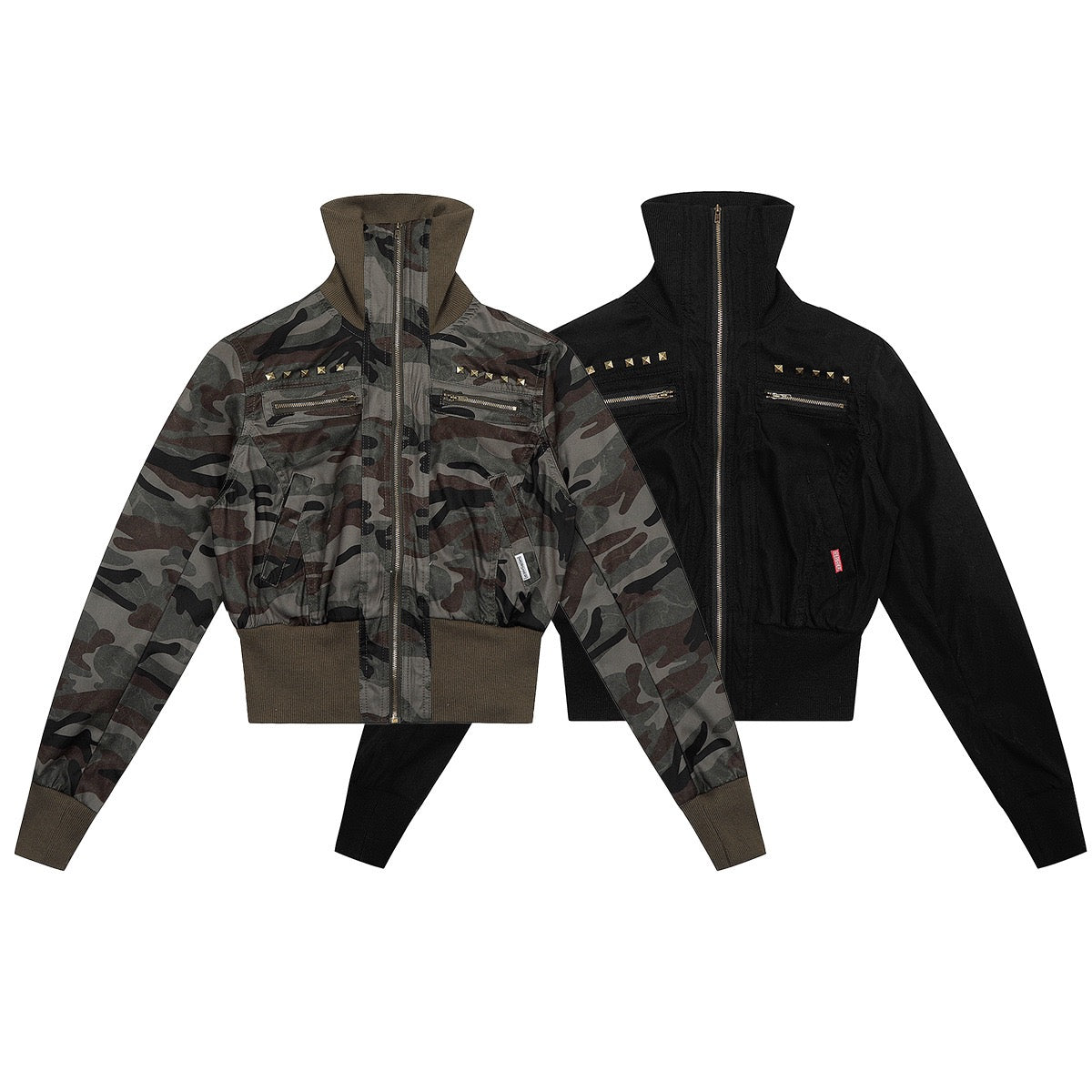 Cropped camouflage bomber jacket with gold pyramid studs and dual zippered chest pockets, shown alongside black version