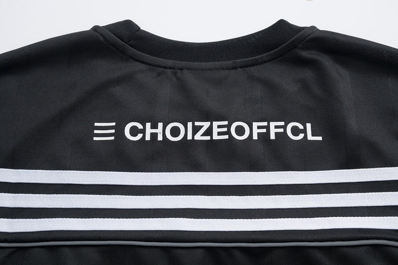Black mesh athletic tee with white triple stripes and CHOIZEOFFCL logo across the chest