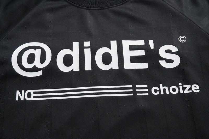 Black mesh athletic tee with bold white didE's graphic and triple-stripe design across the chest