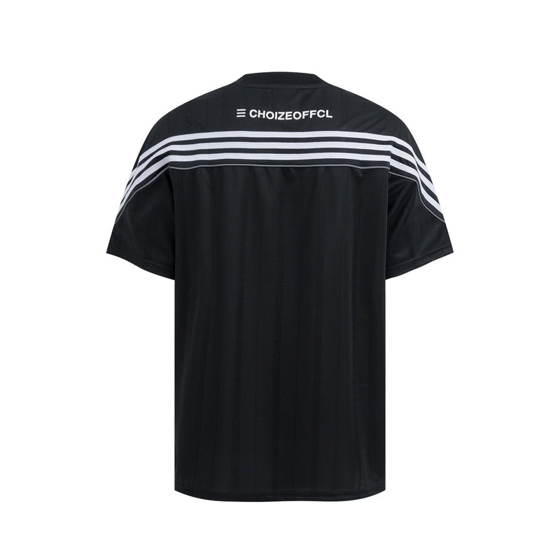 Black performance mesh athletic tee with white triple stripes across the shoulders and upper back, frontless view on white background