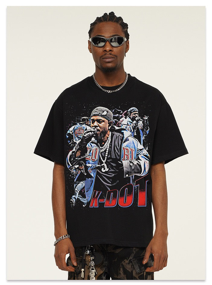Washed black K-Dot vintage graphic tee with oversized hip-hop stage print on the front, styled on model
