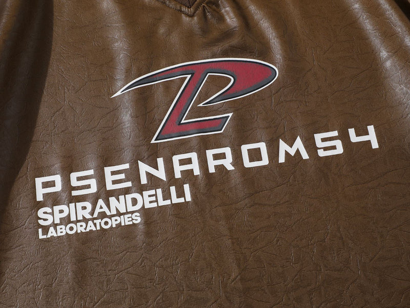 Brown leather-look racing graphic tee with bold red logo and white Psenarom54 Spirandelli Laboratories print