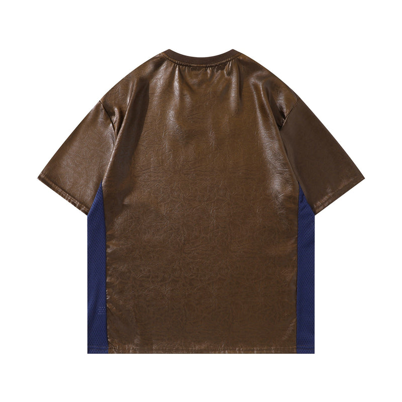 Brown faux leather-look V-neck streetwear tee with blue mesh side panels and short sleeves
