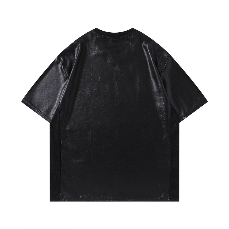 Black faux leather-look V-neck T-shirt with oversized fit and textured streetwear finish