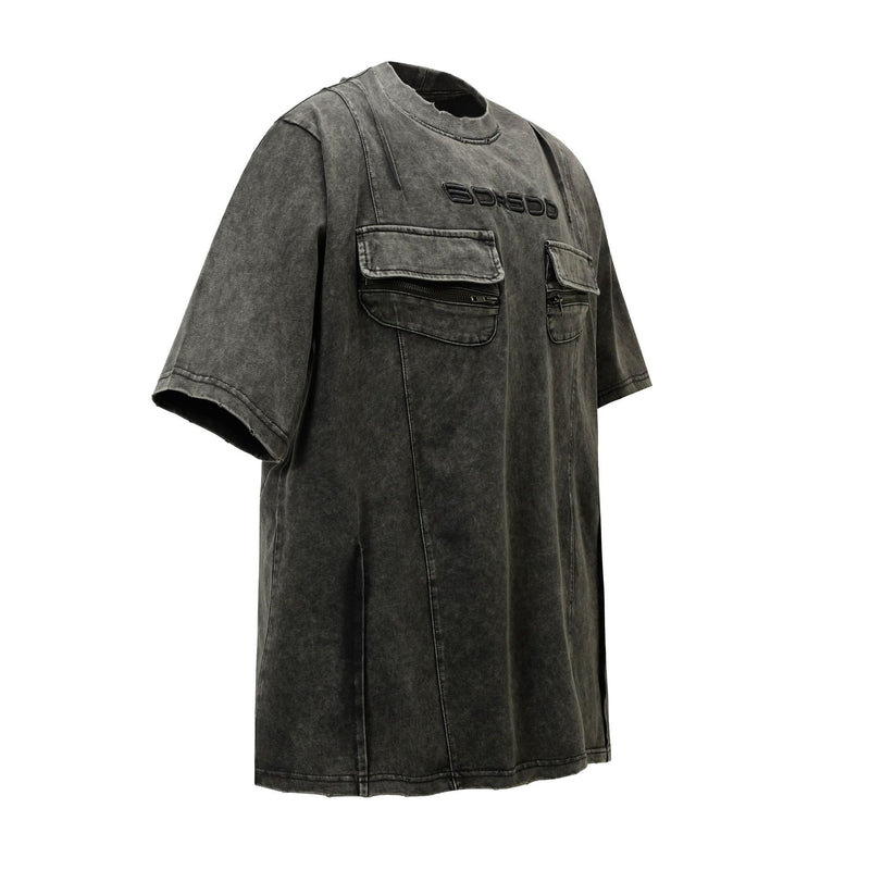 Washed black oversized tee with dual zip chest pockets and embossed Borsod logo on a white background