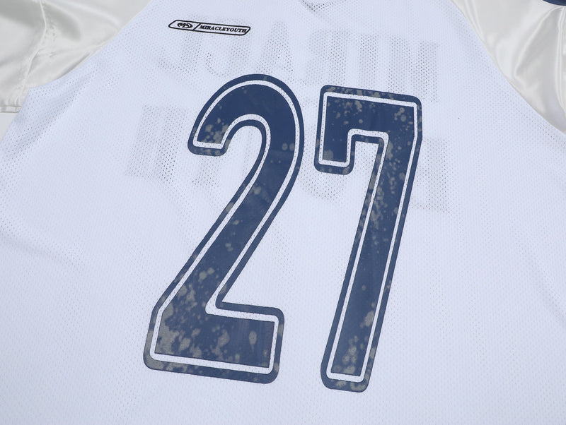 White mesh varsity tee with large distressed navy number 27 graphic on the back