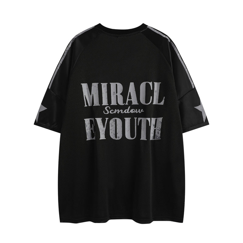 Black mesh varsity tee with oversized MIRACLE EVOUTH graphic and streetwear jersey styling