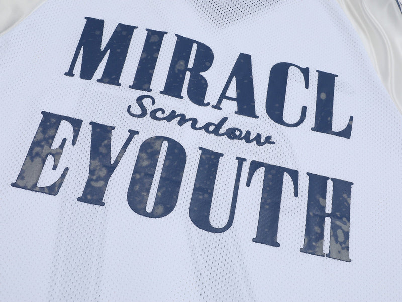 White mesh varsity tee with navy MIRA CL end route graphic and Sandow script, featuring a streetwear jersey style print