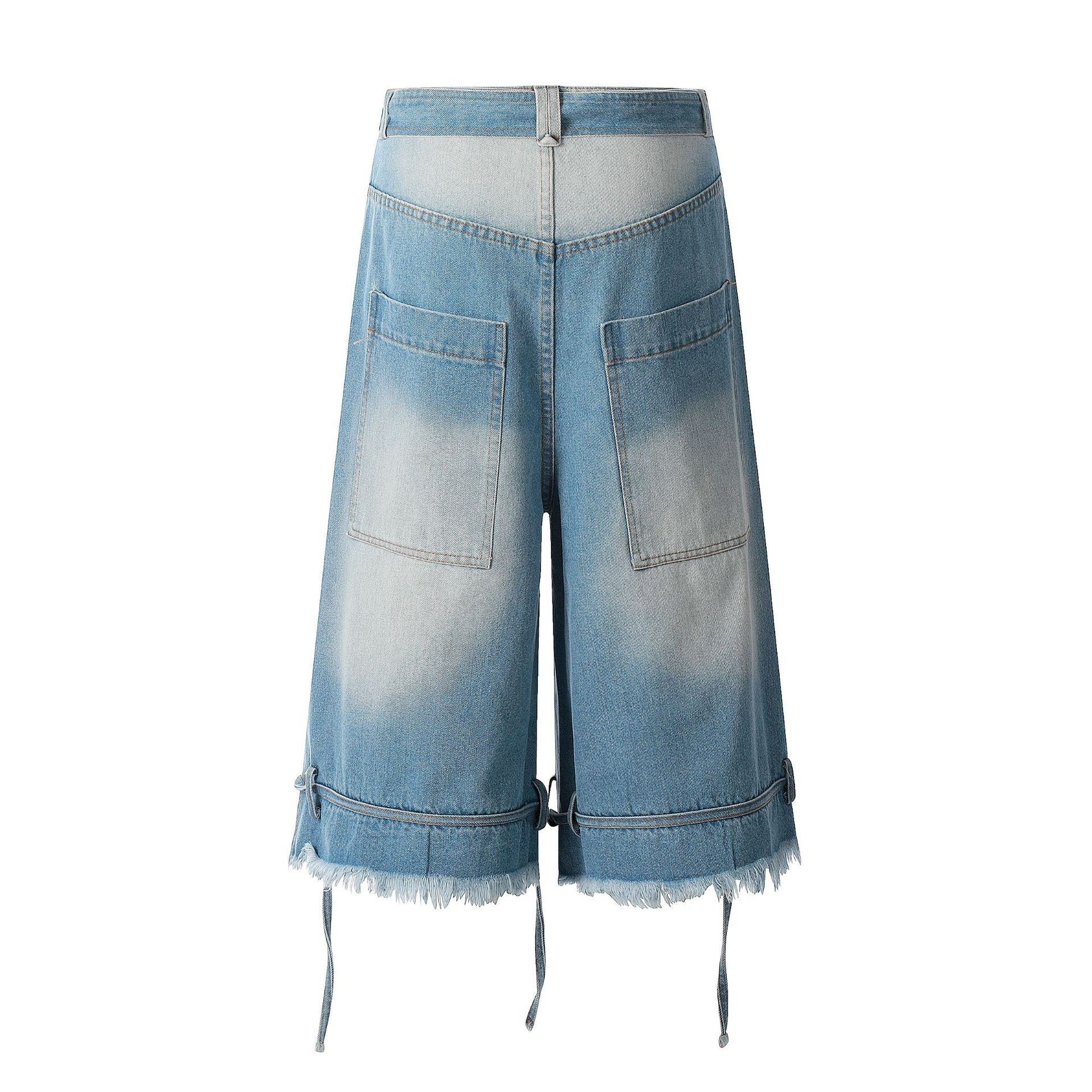 Omirad Distressed Belted Wide-Leg Denim Jorts | Y2K Street Style